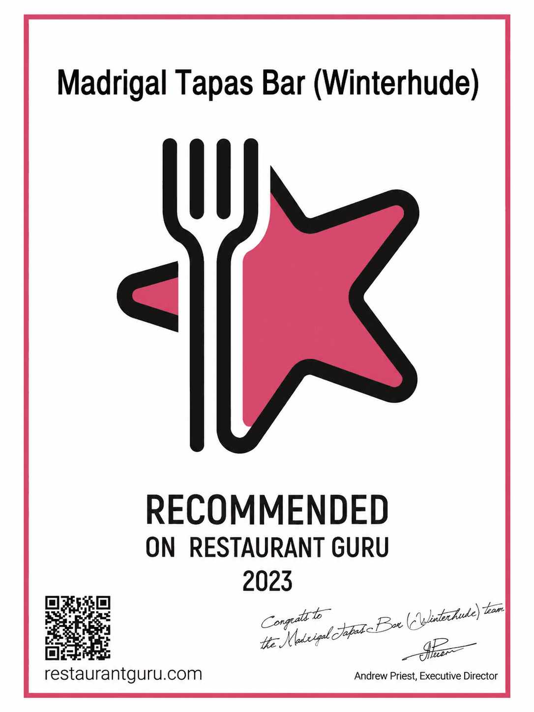 Auszeichnung – Madrigal Tapas Bar